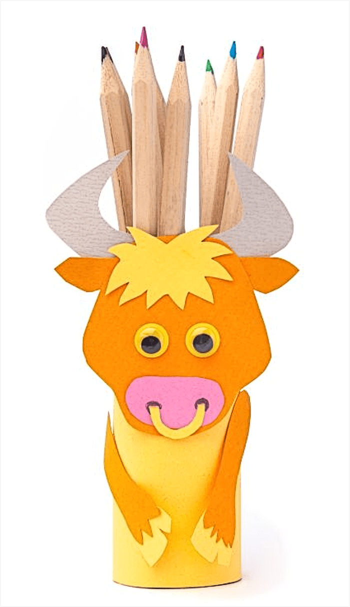 Cute bull pen holder made from paper towel or toilet paper rolls