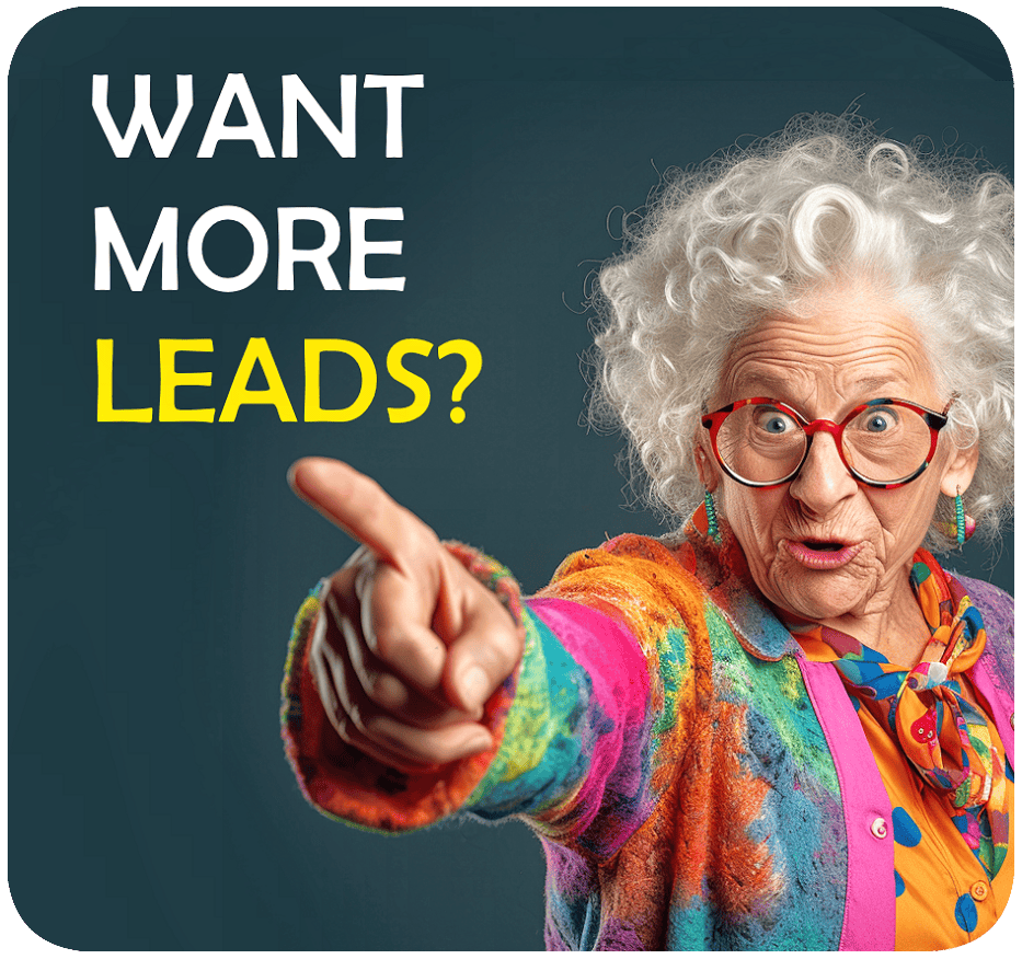 Get Bizzy get more leads with Pagewheel, features an older woman with wild gray hair pointing at you.